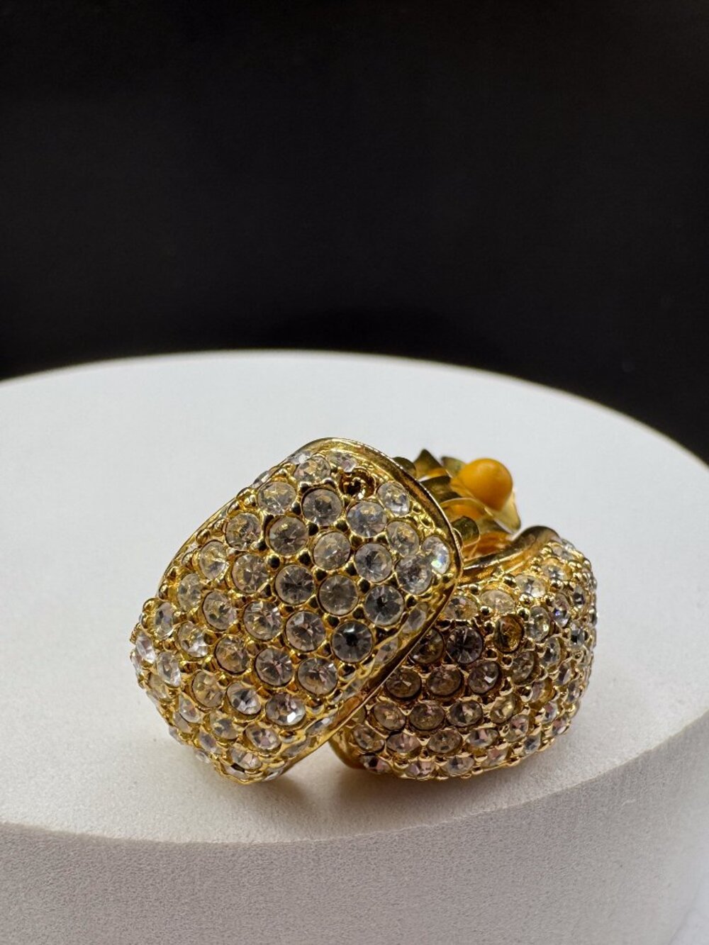 Vintage ROMAN Signed Gold Tone Pave Rhinestone Chunky Dome Clip On Earrings